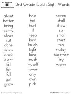 Free Printables 3rd Grade Dolch Sight Words