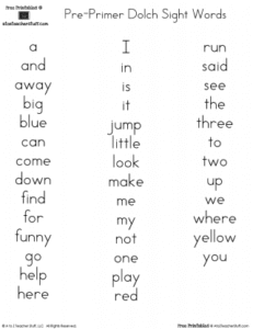 Pre-Primer Dolch Sight Words FREE Printables