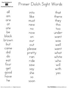 Primer Dolch Sight Words Free Printables