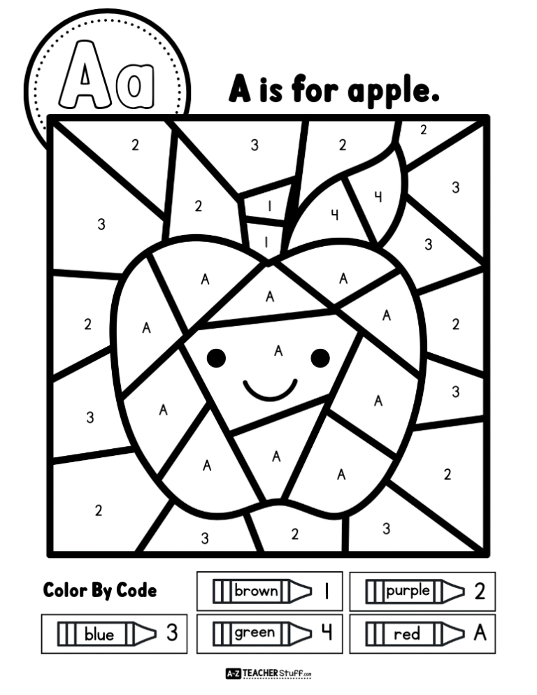 Apple Color by Code Letter A Alphabet Printable