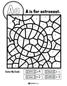 Astronaut Color by Code Letter A Alphabet Printable