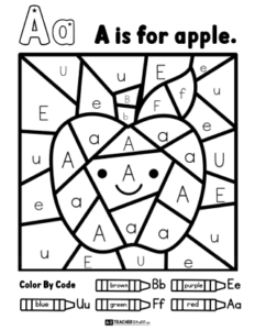 Apple Color by Code Letter A Alphabet Printable - A to Z Teacher Stuff
