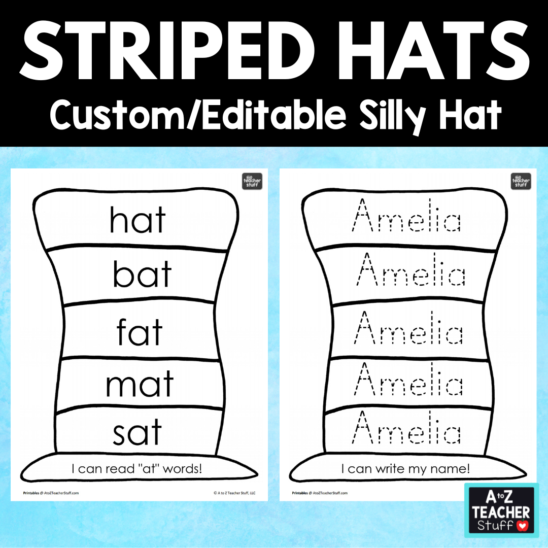 Custom Editable Striped Hat Printable for Name Tracing Practice or Words